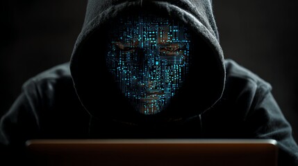 A mysterious figure in a hoodie, with a digital mask of glowing blue binary codes, sitting in front of a laptop