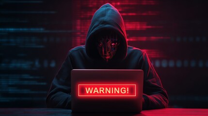 A mysterious figure in a hoodie sitting in front of a laptop displaying a bright red warning sign. The scene conveys themes of cybersecurity, hacking, and digital threats.