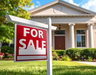 Home for sale; sign in front of a classical style house
