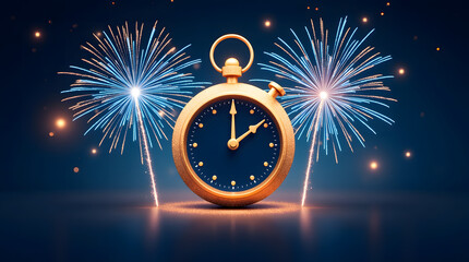 Golden Pocket Watch with New Year Fireworks on Dark Luxury Night Background