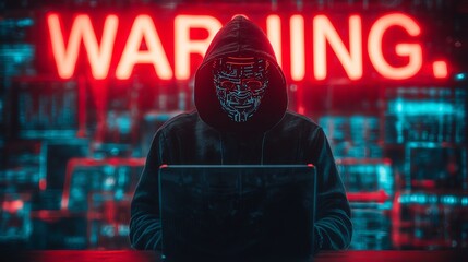 A mysterious figure in a hoodie types on a laptop, illuminated by neon lights. A bold warning sign against a backdrop of digital data highlights the theme of cyber security.