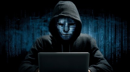 A mysterious figure in a dark hoodie sits in front of a laptop, illuminated by a blue digital background. The scene evokes themes of cybersecurity, hacking, and digital anonymity.