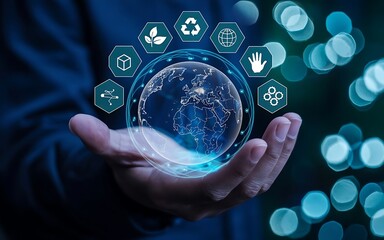 Person Holding Glowing Digital Globe with Sustainable Energy and Smart City Connectivity Icons