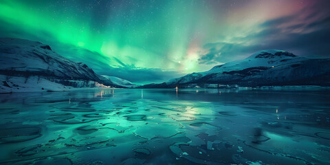 Naklejka premium Spectacular display of vibrant green and teal aurora borealis illuminates the night sky above snow-covered mountains and a frozen lake reflecting the mesmerizing celestial dance, creating a...