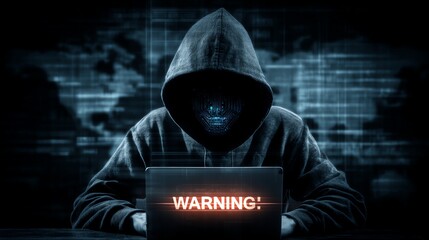 A mysterious figure in a hoodie sits before a glowing laptop, displaying a warning message. The backdrop features abstract digital patterns, symbolizing cybersecurity threats.