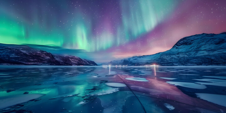 Vivid green and purple aurora borealis illuminates the starry night sky above a frozen, icy lake surrounded by snow-covered mountains, reflecting light on the still water. - Powered by Adobe