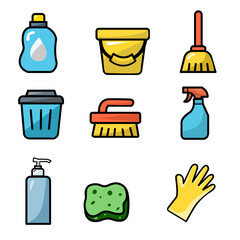 A professional collection of colorful cleaning tools including a spray bottle, bucket, sponge, brush, and gloves. Perfect for housekeeping services, domestic chores, and hygiene-related designs.