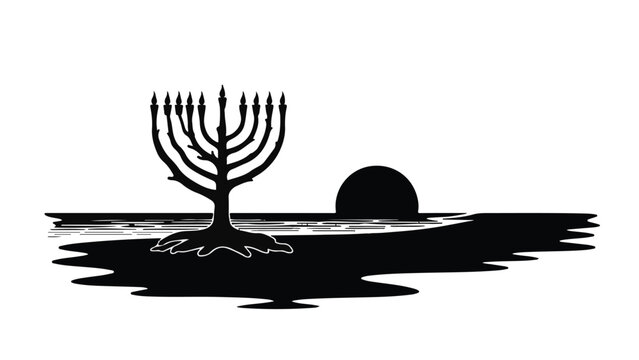 Symbolic menorah tree silhouette with rising sun over water