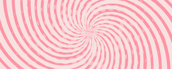 Candy color sunburst background. Abstract pink cream sunbeams design wallpaper. Colorful spinning lines for template, banner, poster, flyer. Sweet rotating cartoon swirl or whirlpool. Vector backdrop
