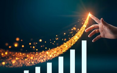 Hand drawing glowing upward trend line and digital bar charts representing financial growth and data analytics
