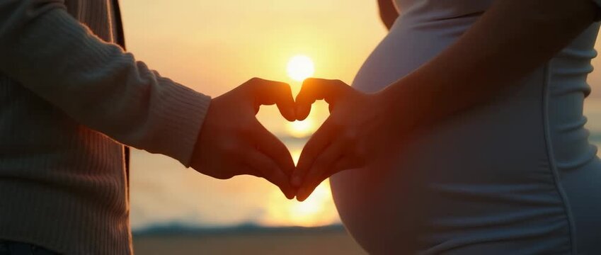 Pregnant woman and husband hand showing heart shape illustrating love and familial bond during pregnancy in intimate setting. concept as Pregnant woman and husband showing heart shape with hands illus