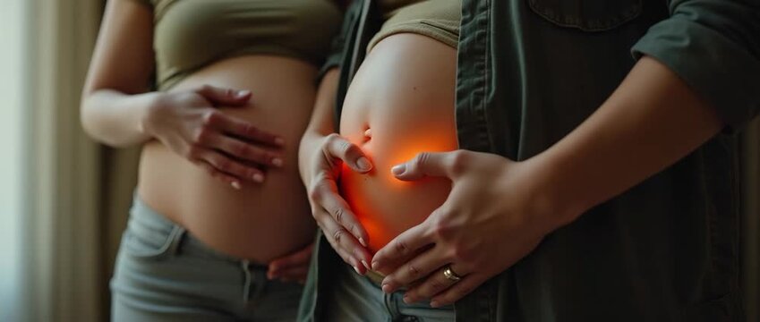 Pregnant women gently caress glowing bellies, emphasizing motherhood and connection; the camera slowly pans, capturing soft natural light in a serene, cinematic style.