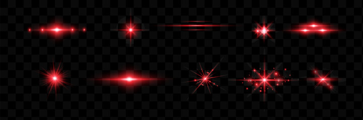 Red light effect reflections, neon illumination in red colors. Bright light lens. Police light effects, lines. Shiny stars, glowing sparks on a black background.