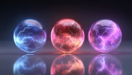 Vibrant photo of Three Glowing Energy Spheres with Electric Lightning Bolts on Reflective Surface
