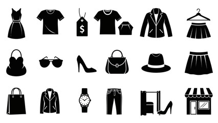 Black silhouettes of various fashion items and retail symbols arranged in three rows