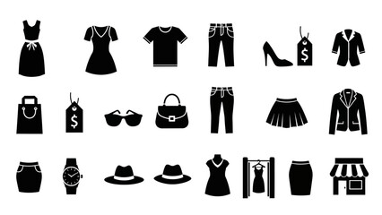 A grid of black silhouette icons representing various clothing items and shopping accessories