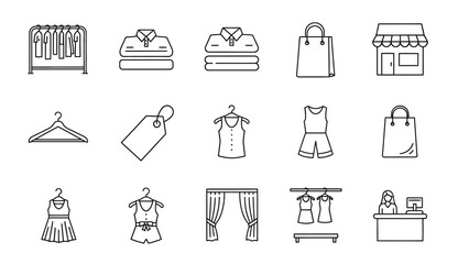 Black and white line icons related to clothing retail and shopping