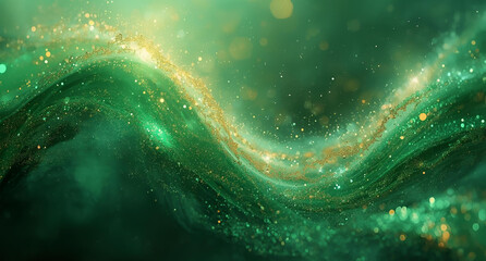Mystical Abstract Emerald Green and Golden Energy Waves with Glowing Particles, Ethereal Light Flow and Enchanted Atmospheric Background