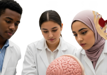 Diverse medical students intently studying a human brain model isolated on transparent background