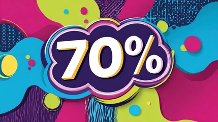A vibrant graphic featuring the number "70%" in bold, playful colors, surrounded by abstract shapes and patterns, ideal for promotional purposes.