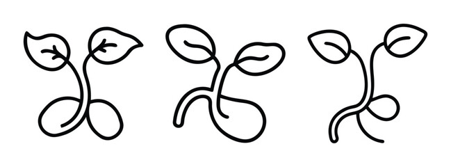 Minimalist Line Drawings of Seedlings and Young Plants with Leaves
