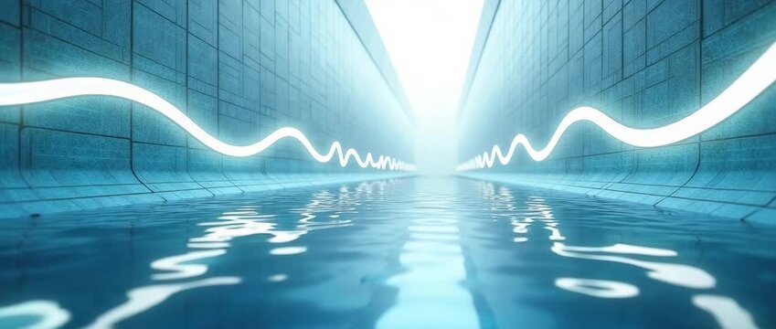 Futuristic tunnel with glowing lines reflects on rippling water, as a slow camera pan reveals a serene ambiance in a cinematic, abstract urban landscape.
