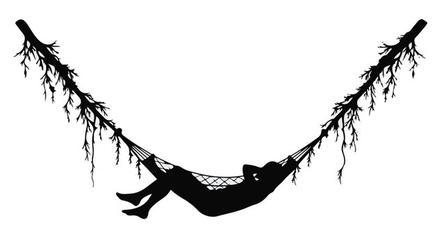 Silhouette of person relaxing in a hammock suspended between two trees in a serene natural setting.