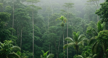 Fototapeta premium Misty Emerald Canopy: Lush Rainforest Vista with Towering Trees and Dense Foliage
