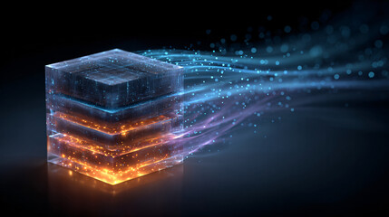 Stacked glowing cube layers with motion effect. Futuristic abstract technology concept background.
