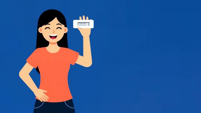Happy Woman Showing Positive Pregnancy Test Result Animation on Blue Background