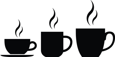 Three black steaming coffee mugs representing different sizes and beverage options, illustrating hot drinks, coffee servings,