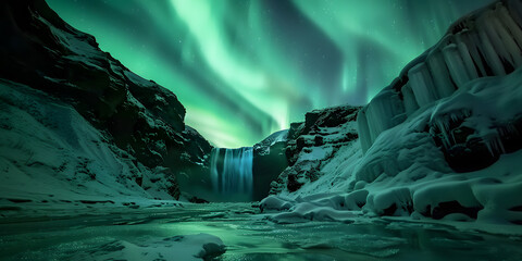 Breathtaking panorama displays majestic curtains of vivid aurora borealis illuminating the cold, icy landscape and cascading waterfall within the rugged mountain formations.