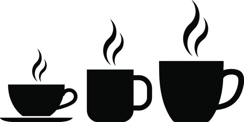 Three black steaming coffee mugs representing different sizes and beverage options, showing hot coffee, latte, cappuccino variations,