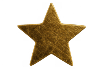 Golden metal star with scratched texture, isolated object representing quality, reward, badge, rating, or success