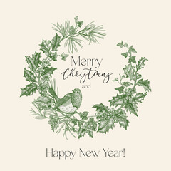 A round frame with winter plant branches and birds. The spirit of Christmas. A festive background in green.