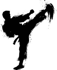 Karate High Kick Ink Brush Silhouette. Japanese Martial Arts Vector © Yogaswara
