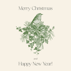 Monochrome holiday greeting with a finely engraved bird nestled in a lush wreath of pine, holly, and ivy. Green ink. Ideal for minimalist cards, luxury branding, or eco-chic seasonal projects.