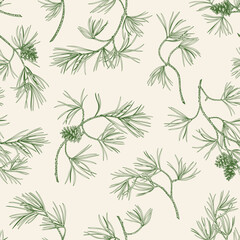Seamless botanical pattern with pine branches and cones. Engraving technique.