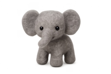 Grey felt elephant toy standing on transparent background