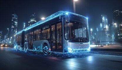 Vibrant photo of Futuristic autonomous electric bus driving on a smart city street at night with glowing digital network overlays
