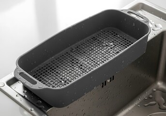 Grey kitchen sink basket with water droplets for washing food product