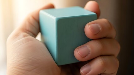 Person holding a blue wooden cube, a symbol of potential and simplicity