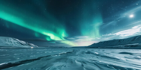 Fototapeta premium Breathtaking display of vibrant green and blue aurora borealis lights illuminate a vast, snow-covered landscape with distant mountains and a starry night sky, creating a serene and awe-inspiring...