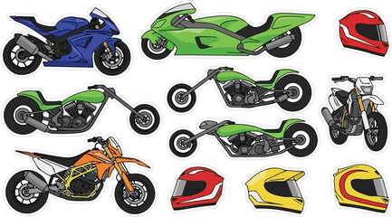 Illustration Set of Various Motorbikes and Helmets for Enthusiasts © Ambon