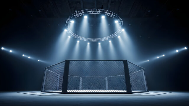 Empty mixed martial arts cage illuminated by bright spotlights in a dark arena setting ready for combat