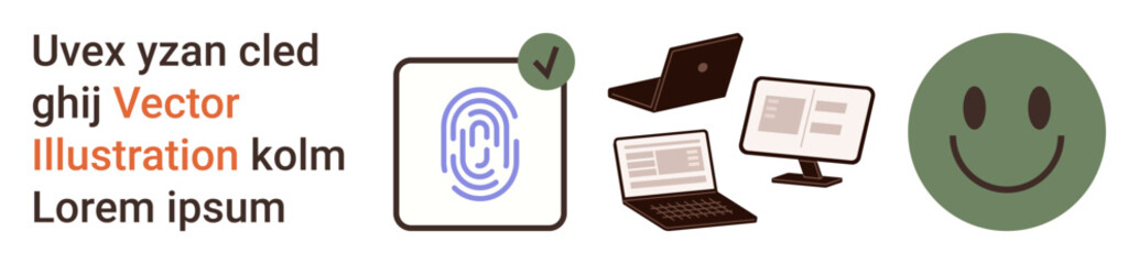 Fototapeta premium Digital security, user authentication, data access, technology usage, communication, user interface. A fingerprint icon, devices and happy face. Digital security and authentication in focus