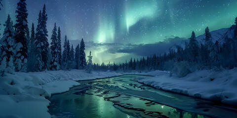 Majestic display of vibrant aurora borealis illuminates a snow-covered landscape, showcasing a serene winter scene with a winding river, towering evergreen trees, and a starry night sky, creating a...