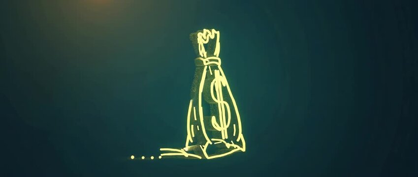 Glowing money bag icon with dollar sign gently sways as camera slowly pans, creating a dynamic and engaging financial concept in a minimalistic, cinematic style.