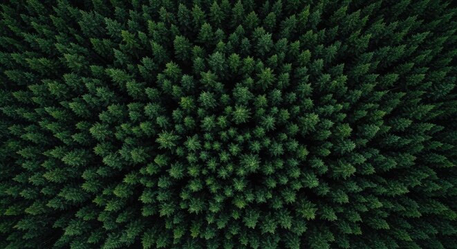 Dense forest canopy seen from above. A symmetrical pattern of pine trees - Powered by Adobe