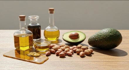 Oils in glass bottles, bowl, with avocado, nuts on wooden surface